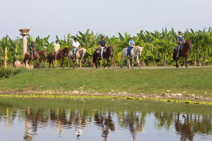 people in a line on horseback